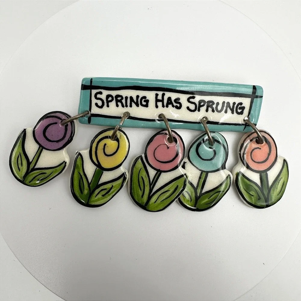 Vintage 80s Spring‎ Has Sprung Enamel Brooch Colourful Dangling Flowers Jewelry